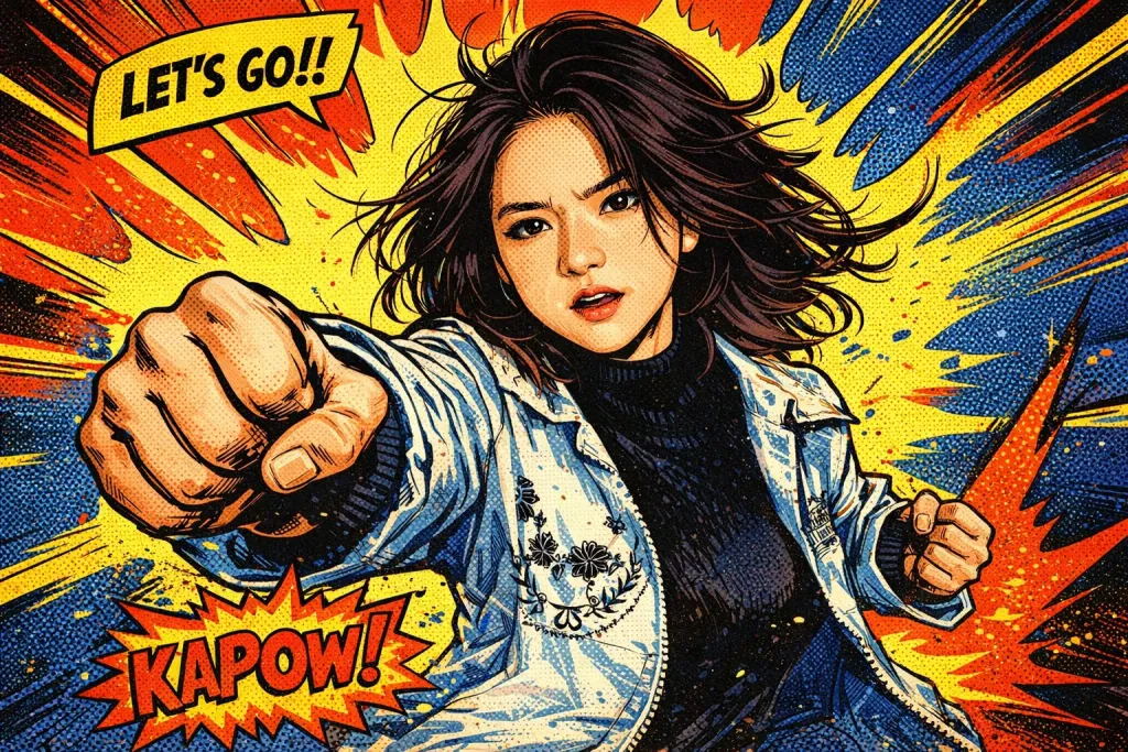 Comic book style AI caricature — superhero halftone cartoon portrait with bold outlines